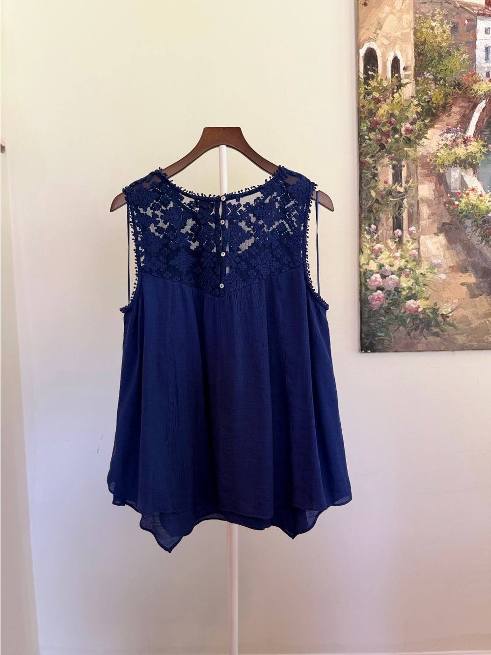 New Directions Navy Lace Yoke Pom Pom Trim Swing Top Blouse 1X - Picture 2 of 4